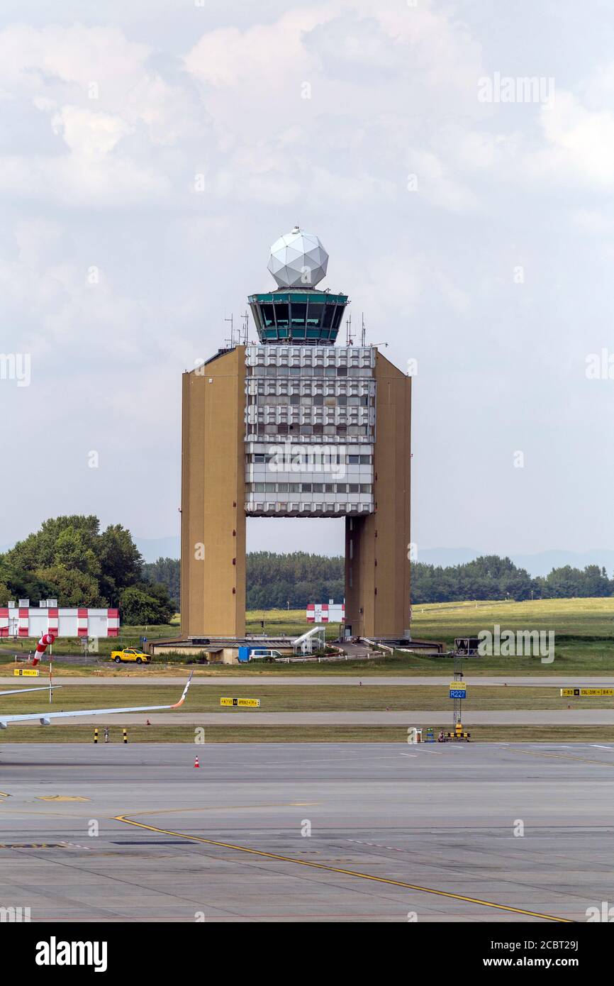 Budapest, Hungary - 08 15 2020: Control tower at the Ferenc Liszt International Airport in Budapest, Hungary on a summer day. Stock Photo