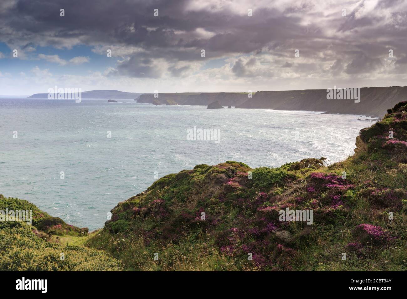 The view along the north coast of Cornwall captured from the South West Coast Path to the east of Hell's Mouth. Stock Photo