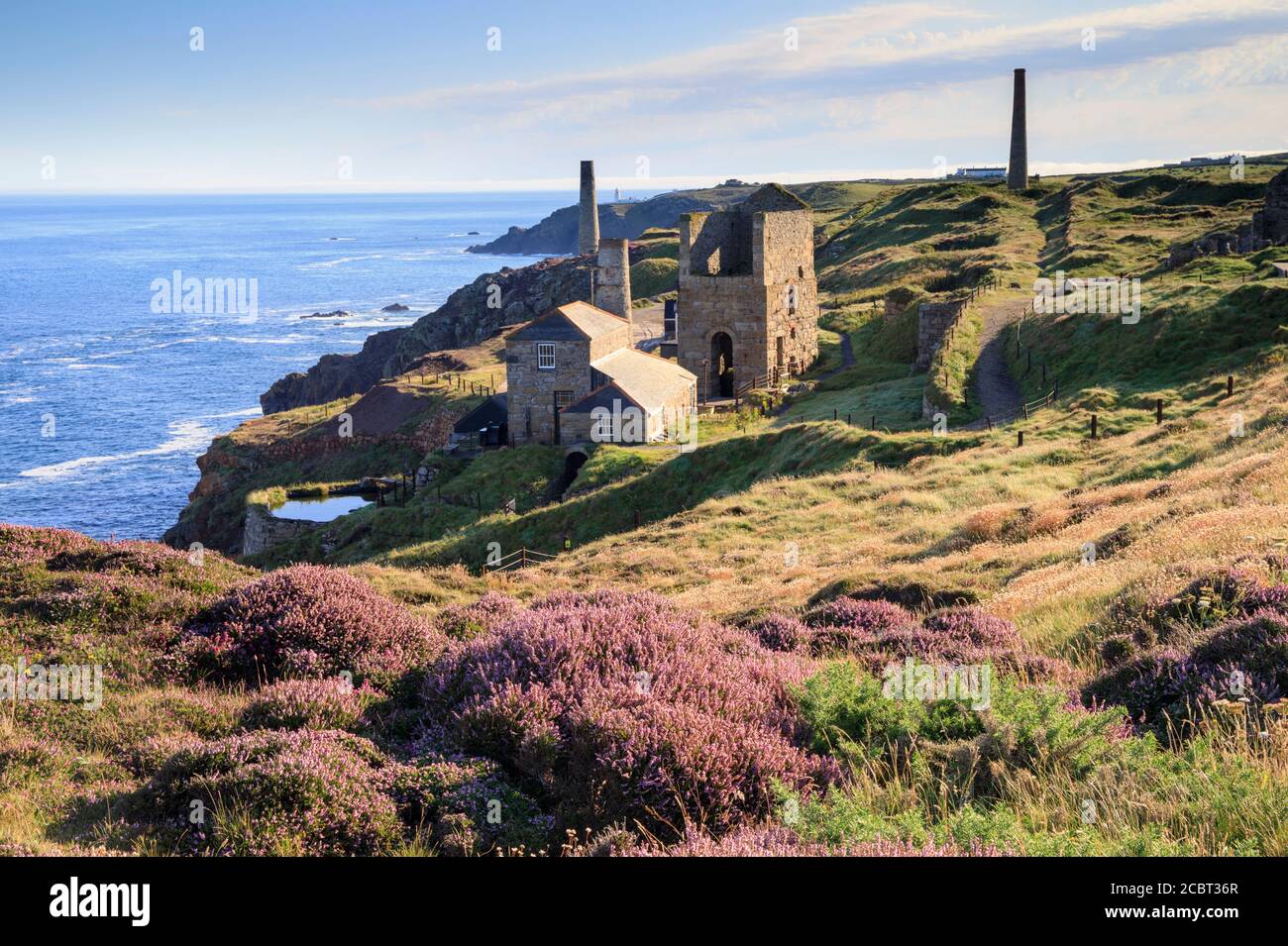 Levant Mine in Cornwall captured on a morning in early August when the heather was in bloom. Stock Photo