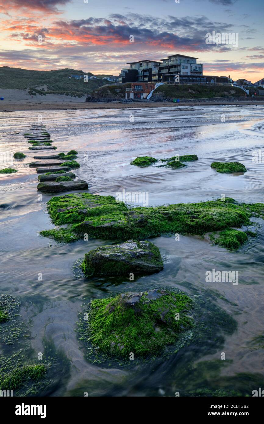 The stepping stones om Perranporth Beach in Cornwall captured on a morning in mid-July. Stock Photo