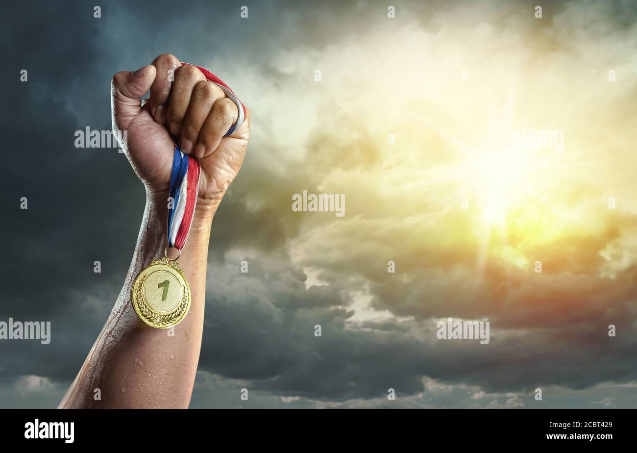 Medal for the first place on sky background. Victory concept Stock Photo