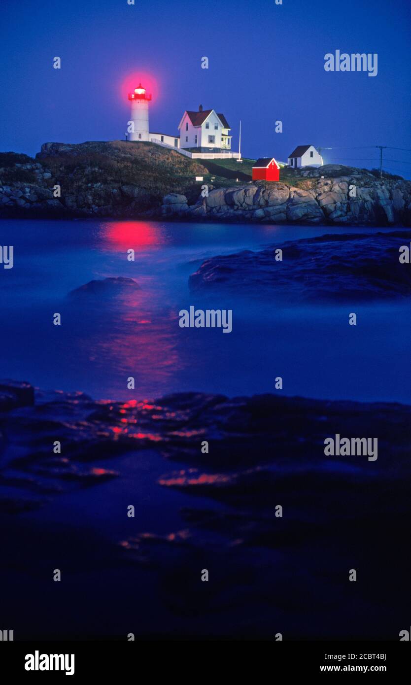 Cape Neddick Lighthouse at York Maine at night Stock Photo