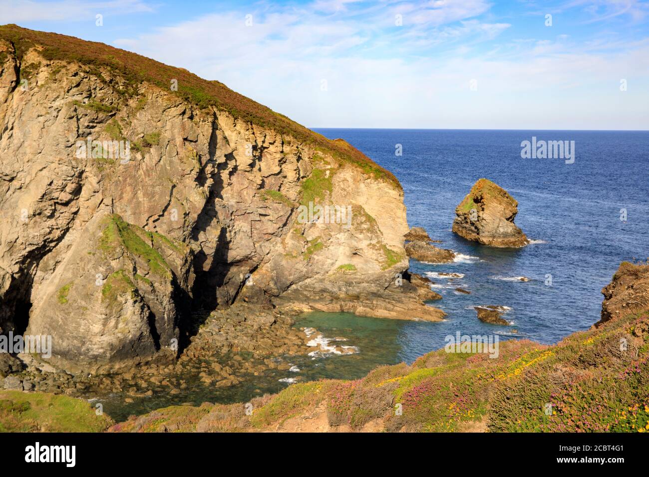 A view of Gullyn Rock from Sally's Bottom on the coast path between Porthtowan and Portreath in Cornwall. Stock Photo