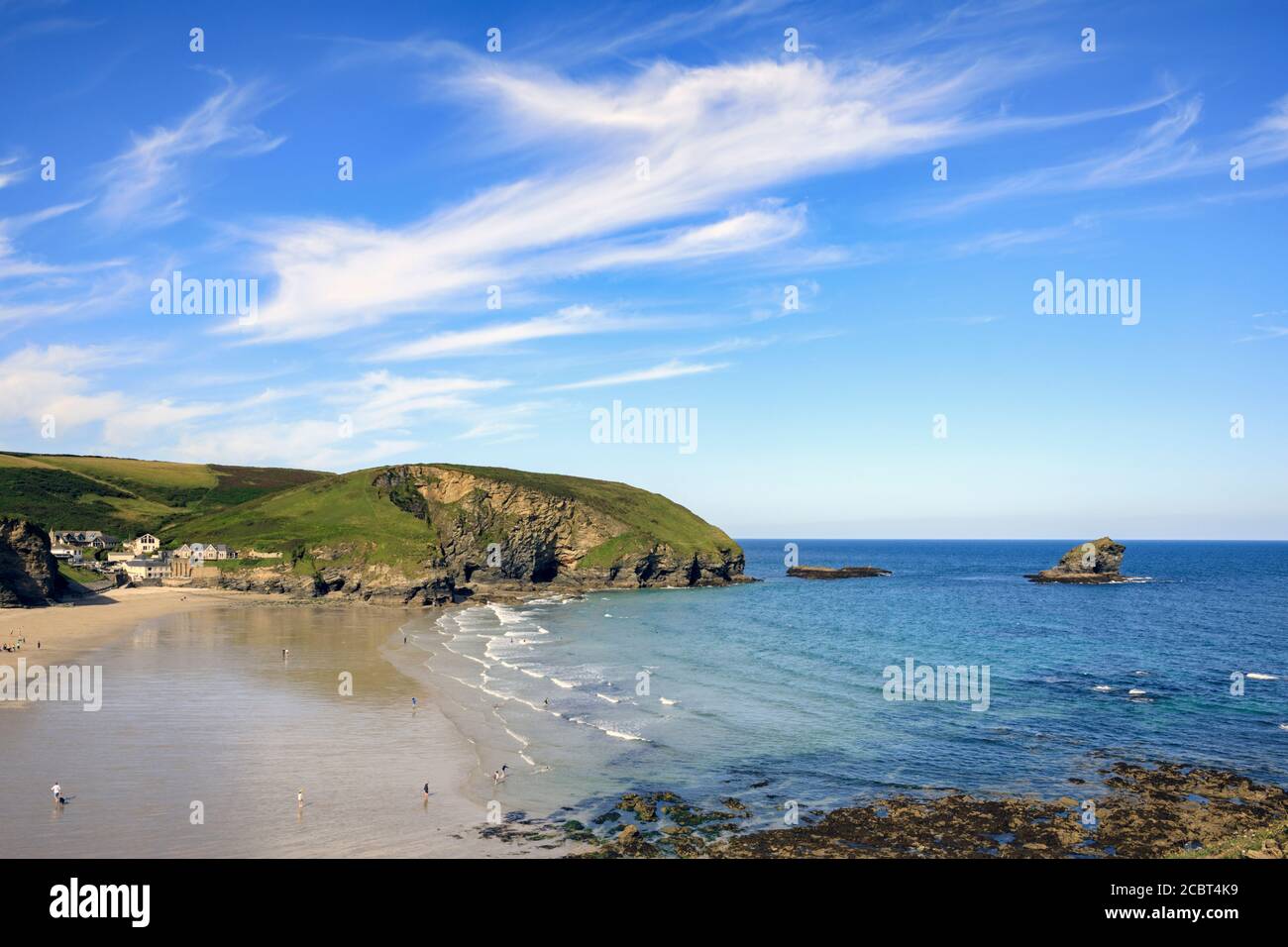Portreath Beach captured from the road on the northern side of the harbour on a morning in late July. Stock Photo