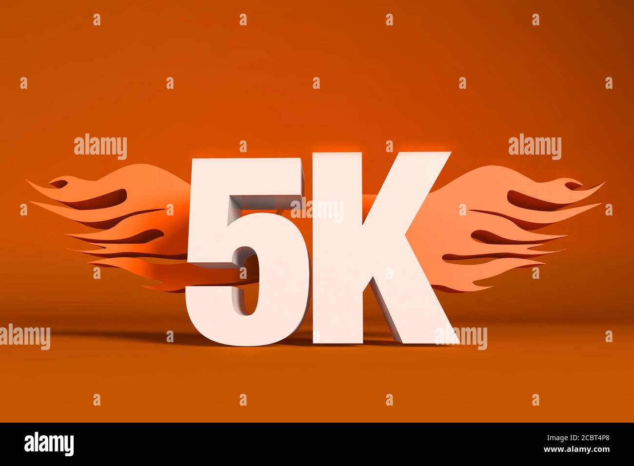 3D RENDER OF THE WORD 5K ON AN ORANGE BACKGROUND WITH FLAMES Stock Photo