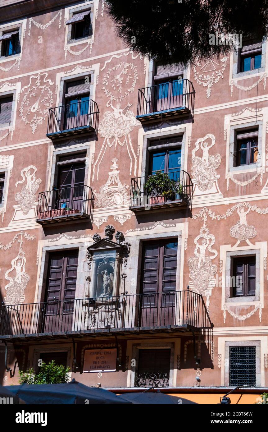 Barcelona's Gothic Quarter sgraffito, the technique of layering plaster and scratching the surface to create a design, Spain. Stock Photo