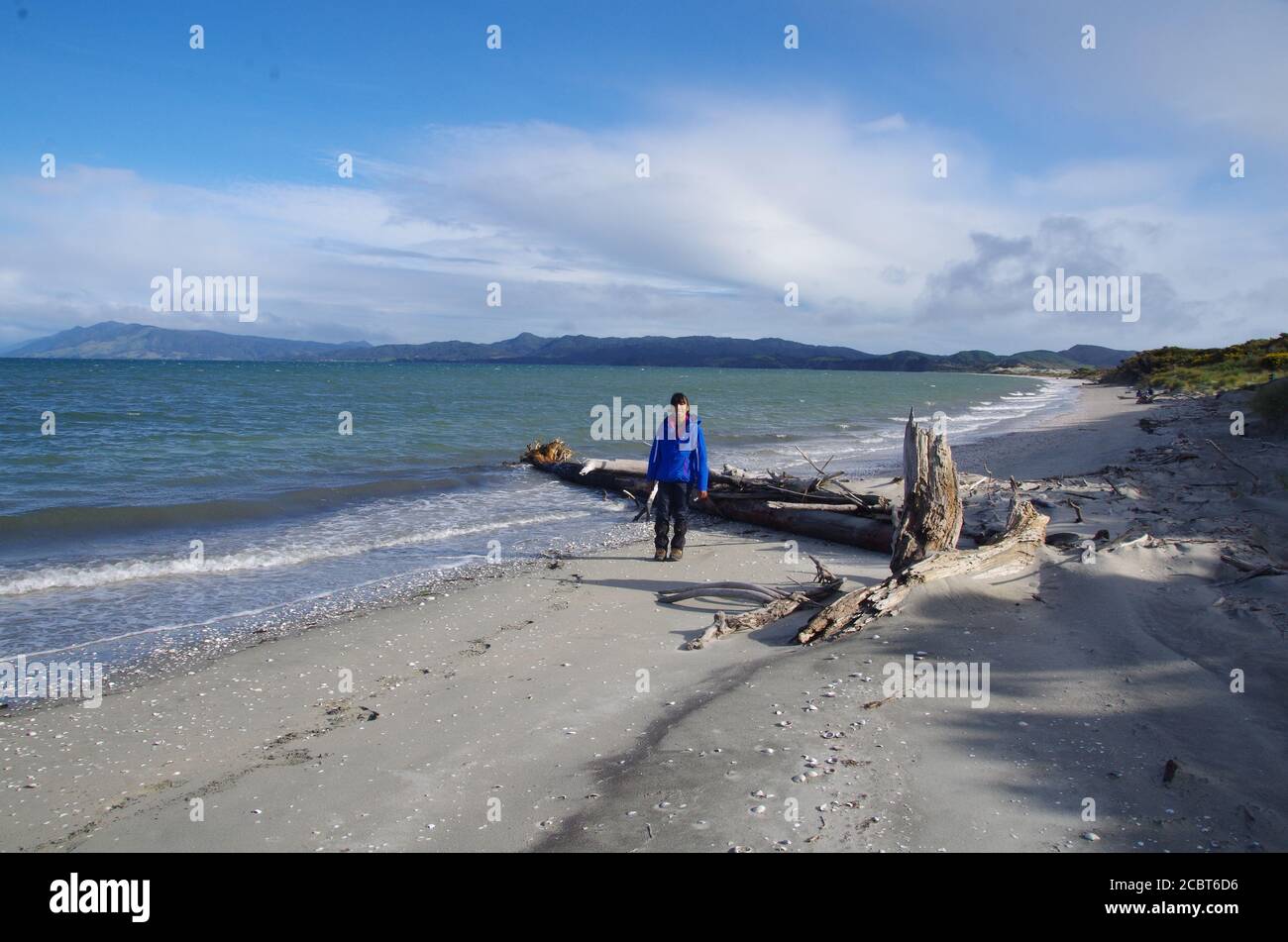 Thai female backpacker. Farewell Spit. Alternative Te Araroa Trail