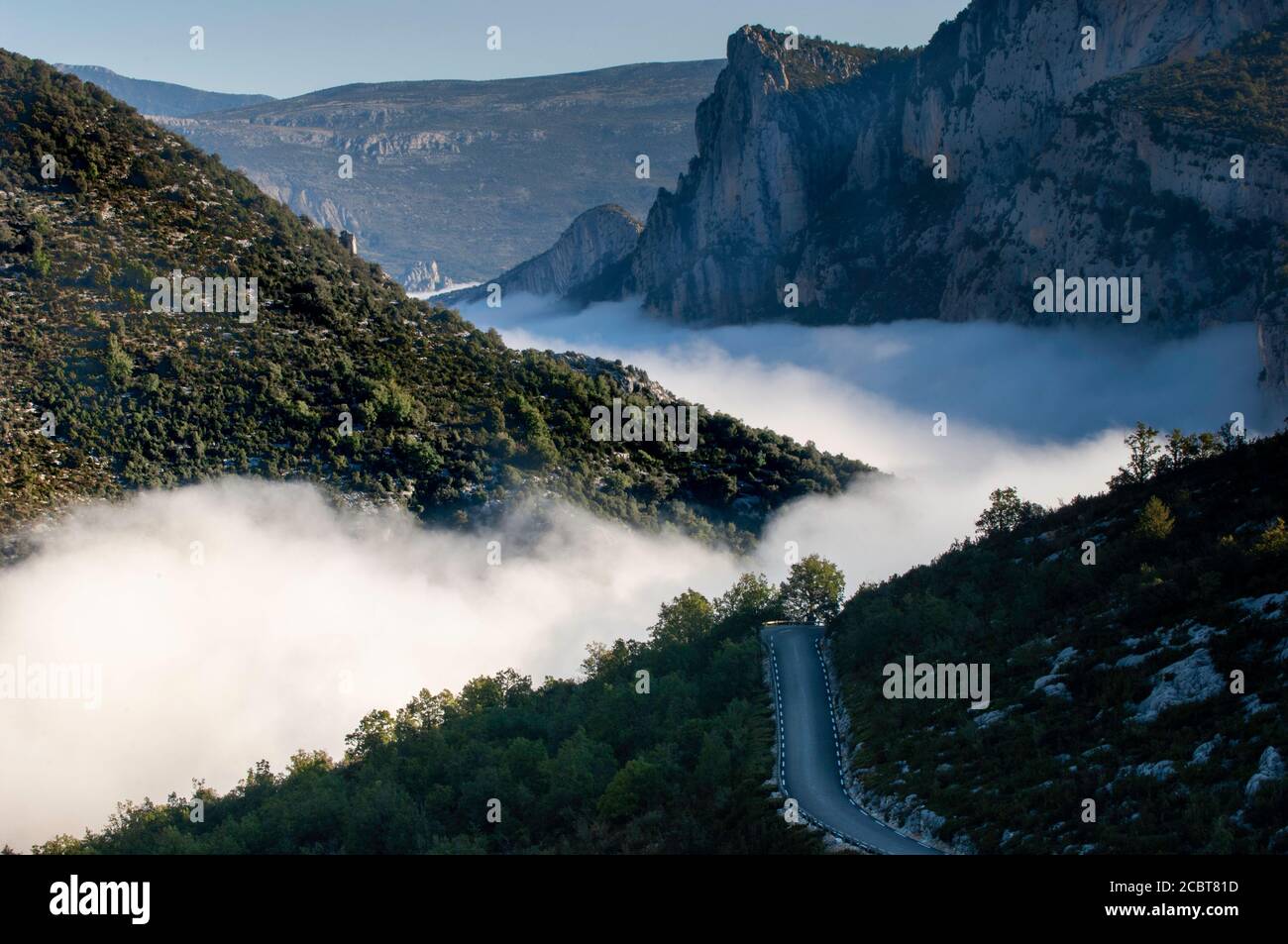 Europe, France, Provence, Grand Canyon du Verdon covered in fogg on early autumn morning Stock Photo