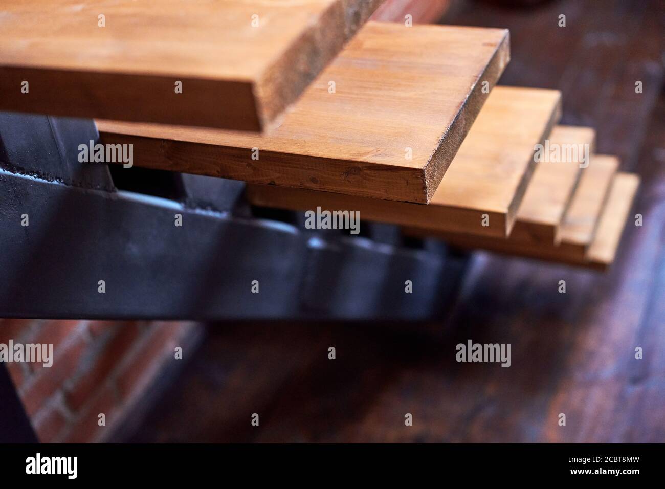 Stairs in loft apartment. Staircase without railing. Modern hipster ...