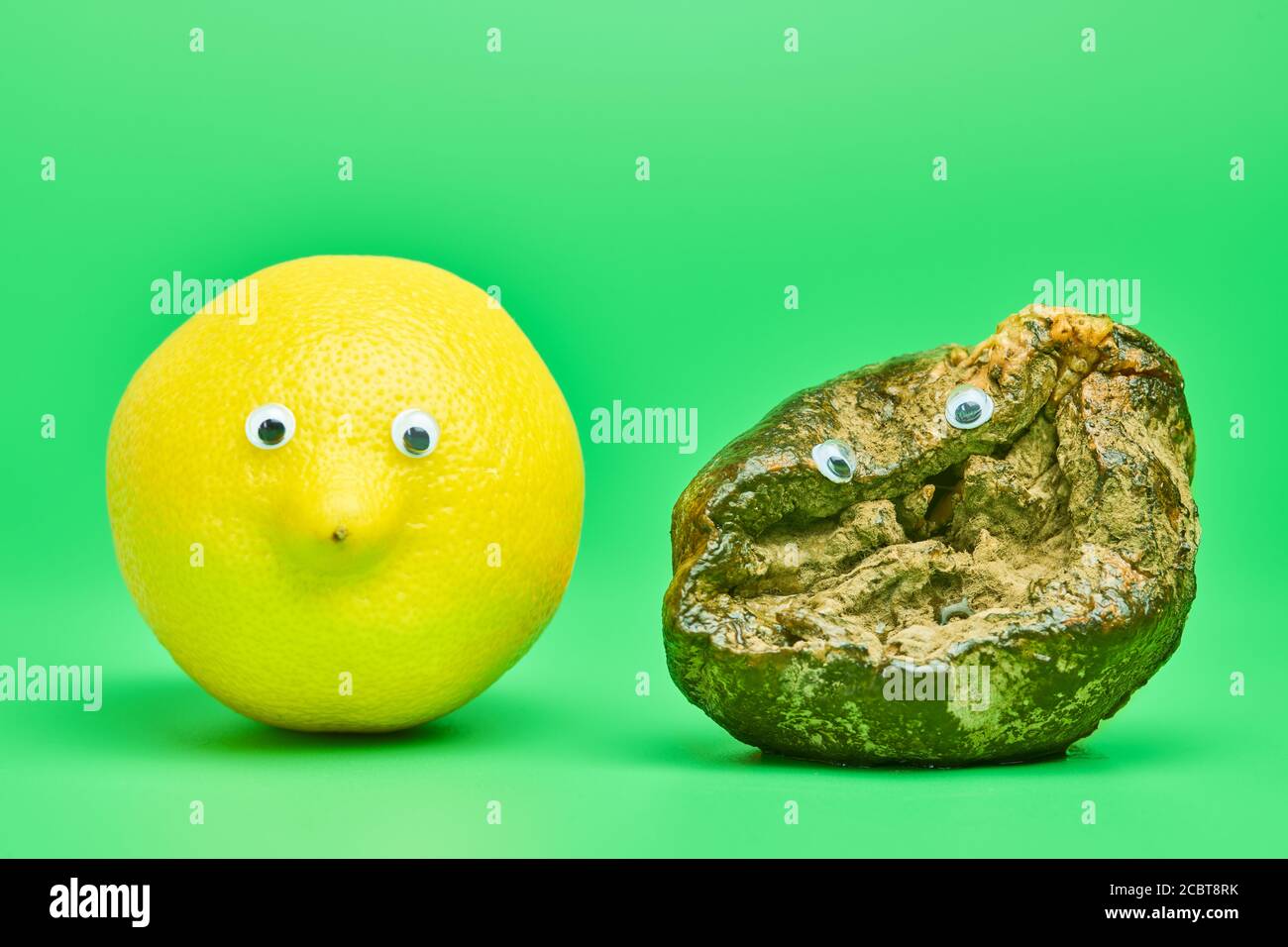 Two lemons with eyes. Rotten lemon and fresh lemon compare. Funny ...