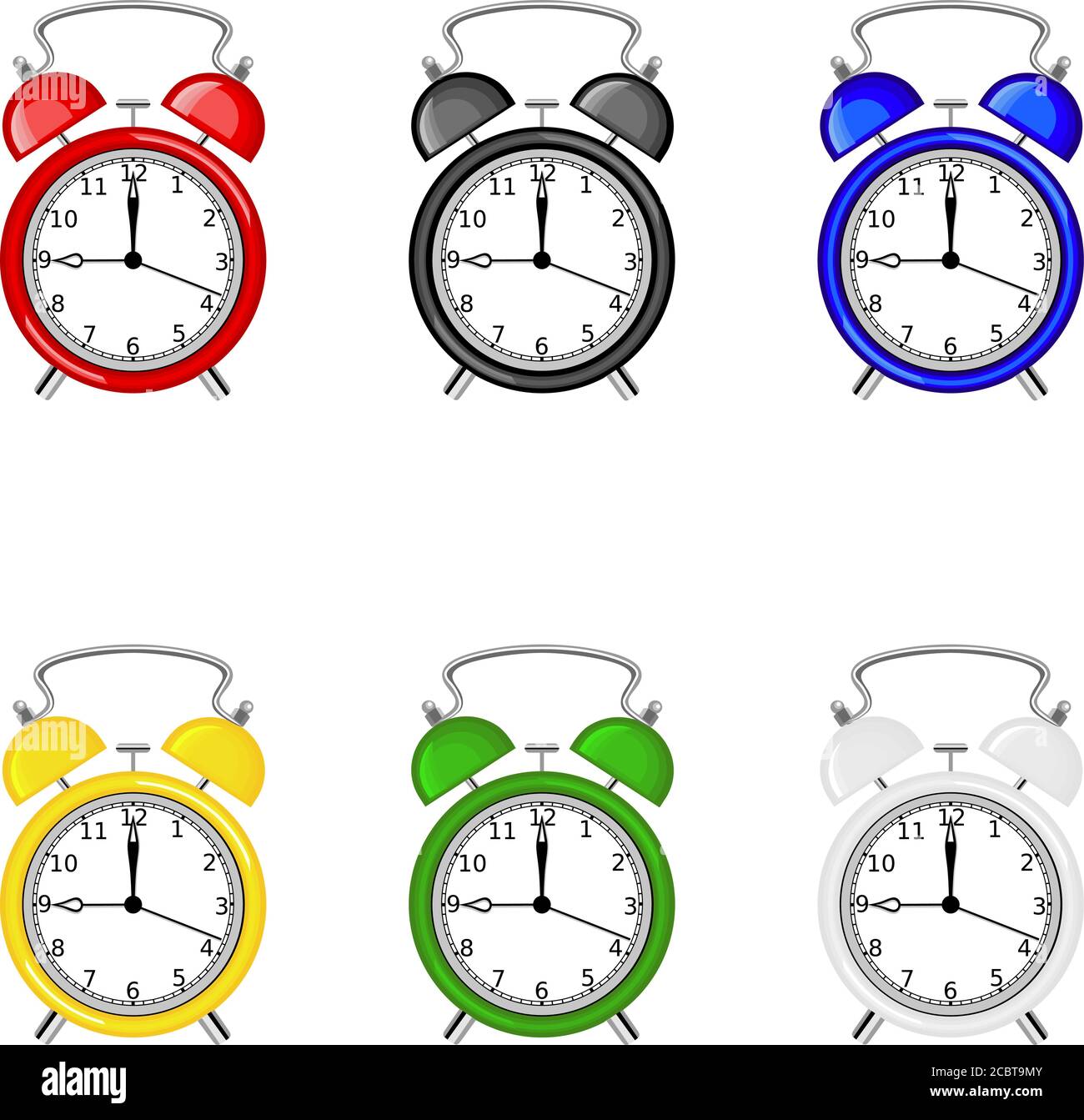 set of isolated colorful alarm clocks. flat illustration Stock Vector