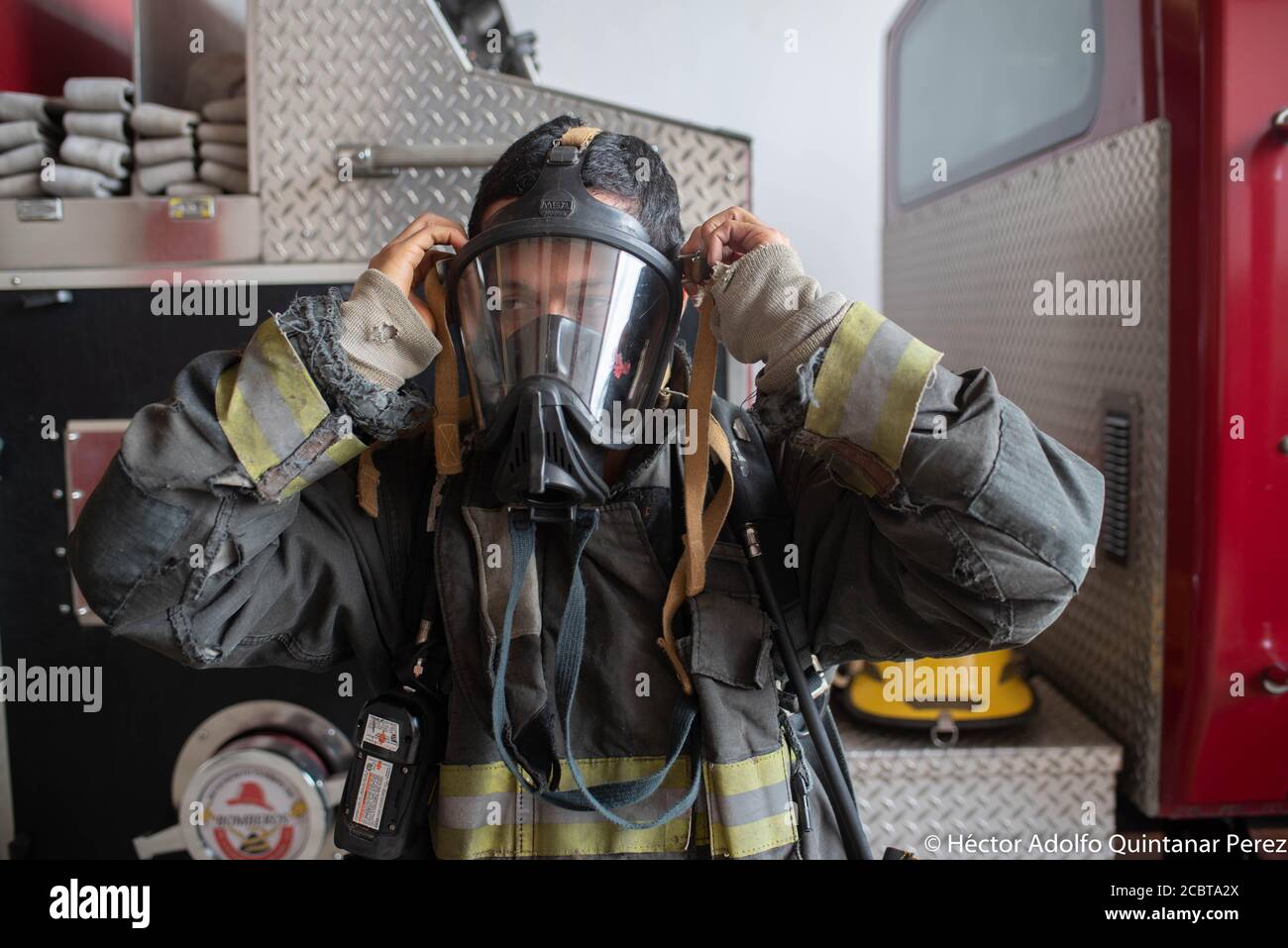 Coatepec, Veracruz, México. 15th Aug, 2020. A group of volunteer fireginghters are making his training exercises for rescue and to remove posible injures persons. This gropu of volnteers work in moore tnah 10 communities and they are the responsables to do the rescue and movilizations of COVID-19 patients. Credit: Hector Adolfo Quintanar Perez/ZUMA Wire/Alamy Live News Stock Photo