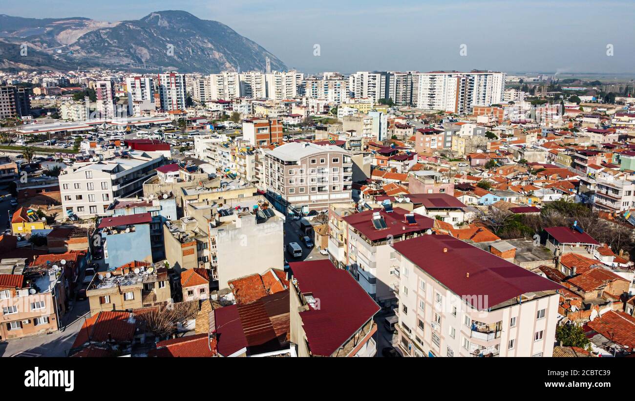 an aerial shoot with modern colors of a little town - there is many ...