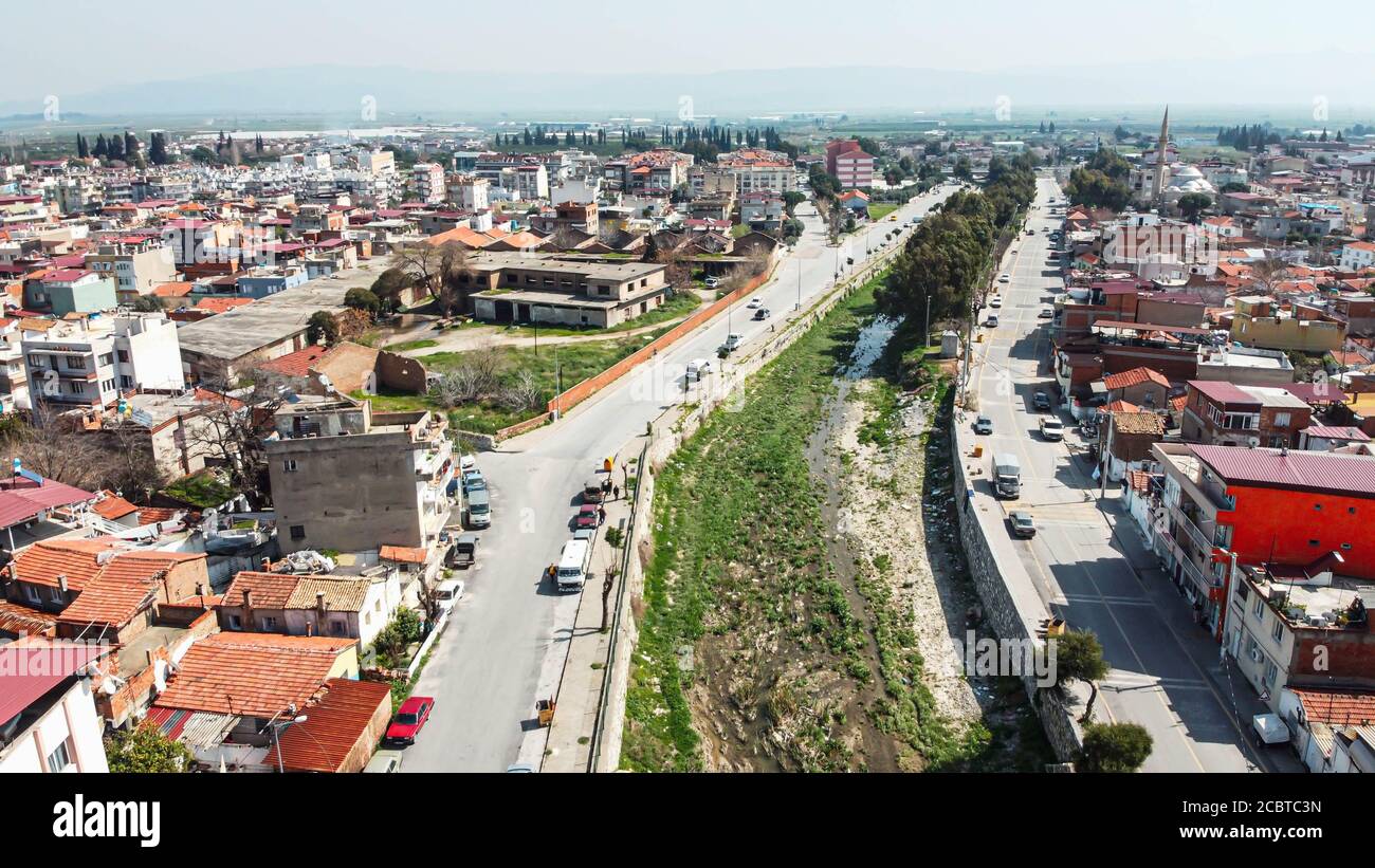 good looking wide aerial shoot from a little village of aydin with ...