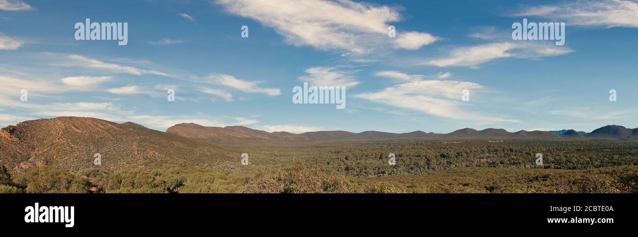 Stunning panoramic vista from the rim top of Wilpena Pound in the Central Flinders Range of South Australia. Stock Photo