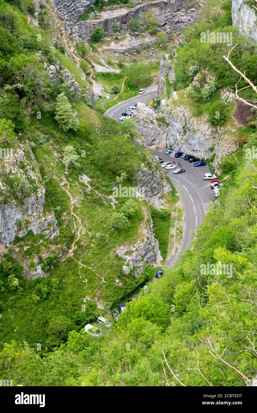 Cliffs of Cheddar Gorge from high viewpoint. High limestone cliffs in canyon in Mendip Hills in Somerset, England, UK Stock Photo