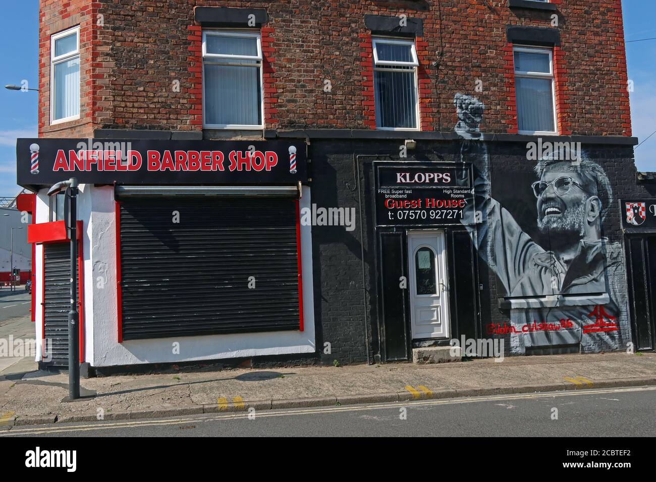 Anfield barber Shop,Klopps B&B, LFC,Liverpool Football Club, Anfield, Premier League, Merseyside,North West England, UK, L4 2UZ Stock Photo