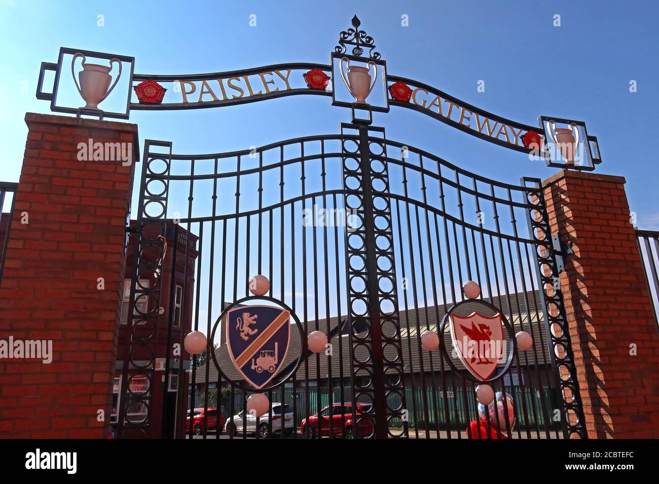 Bob Paisley Gateway gates, LFC,Liverpool Football Club, Anfield, Premier League, Merseyside,North West England, UK, L4 2UZ Stock Photo