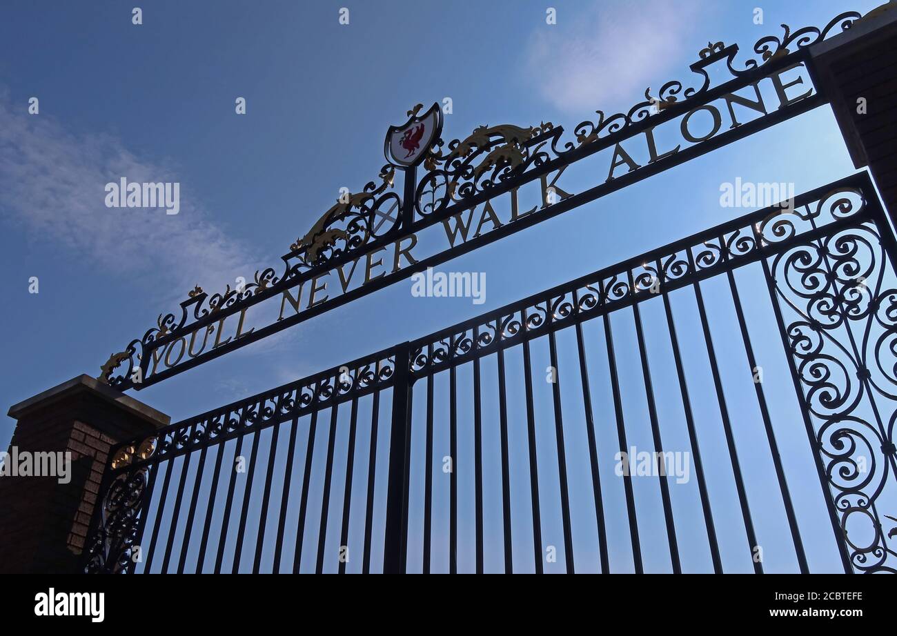 You will never walk alone gates, LFC,Liverpool Football Club, Anfield, Premier League, Merseyside,North West England, UK, L4 2UZ Stock Photo