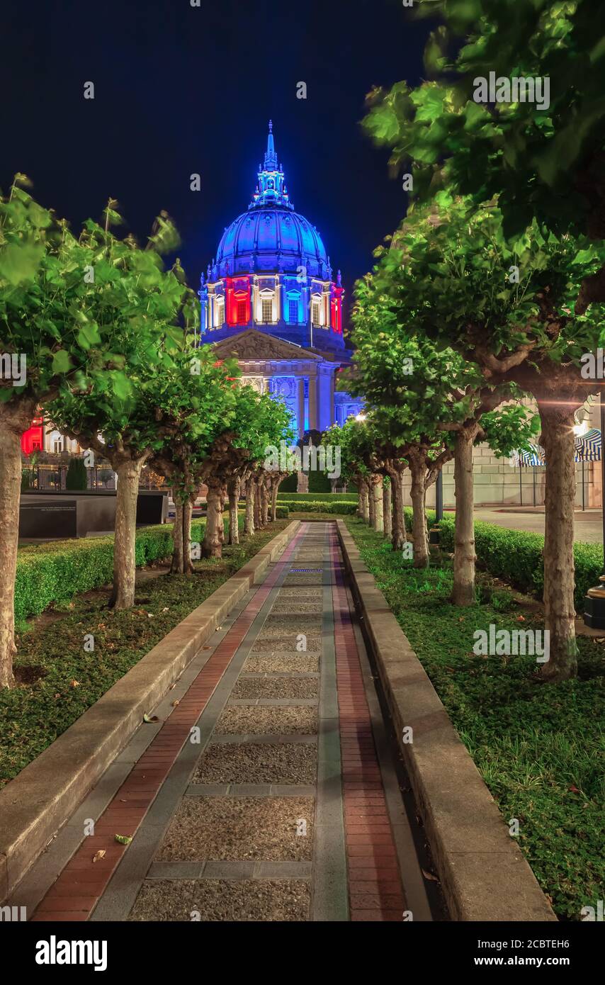 San Francisco City Hall lights up in red, white and blue in honor the American Flag on National Flag Day, and Independence Day, California, USA. Stock Photo
