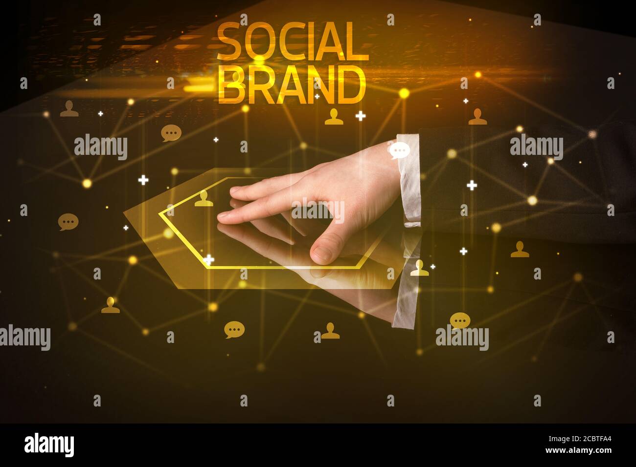 Navigating social networking with SOCIAL BRAND inscription, new media concept Stock Photo