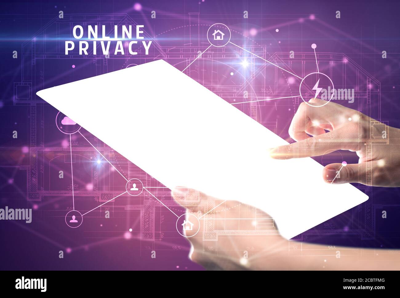 Holding futuristic tablet with ONLINE PRIVACY inscription, cyber ...