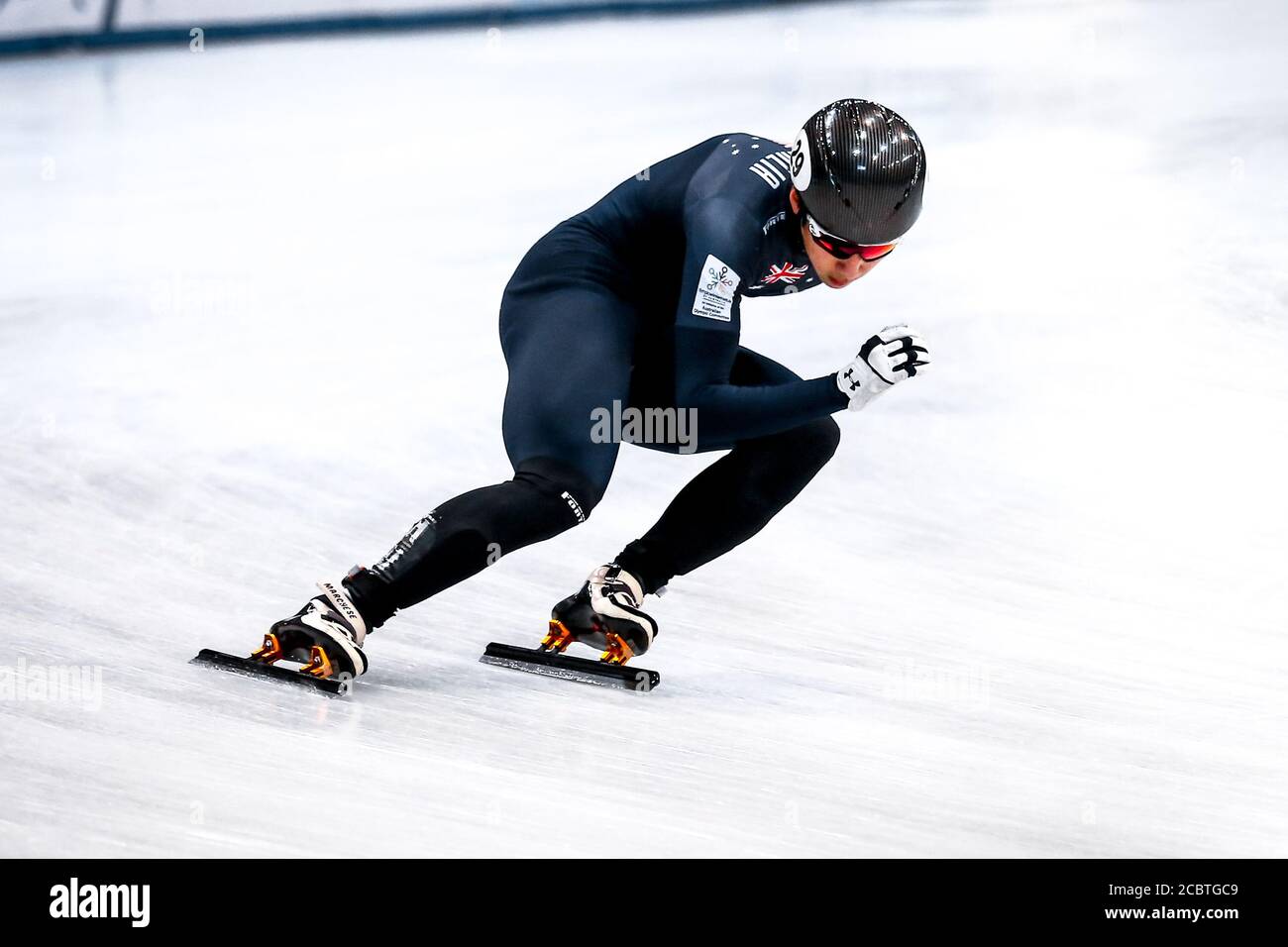 Dresden, Germany, February 03, 2019: Hyun Woo Jung compete during the ISU Short Track Speed Skating World Championship at the EnergieVerbund Arena Stock Photo