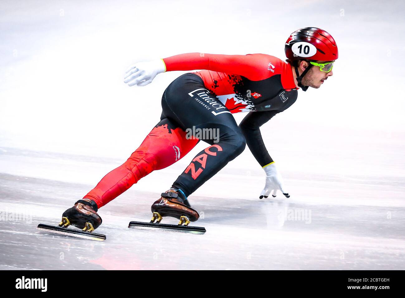 Dresden, Germany, February 02, 2019: Canadian speed skater Samuel Girard competes during the ISU Short Track Speed Skating World Championship Stock Photo