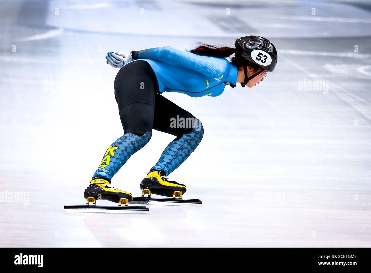 Dresden, Germany, February 03, 2019: Iong A Kim of Kazakhstan competes during the ISU Short Track Speed Skating World Championship Stock Photo