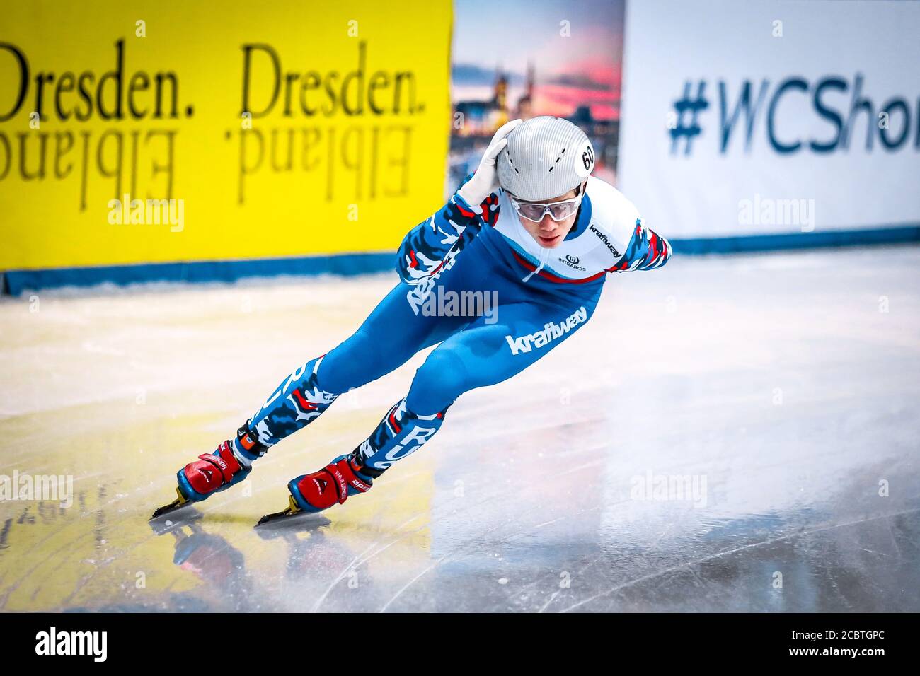 Dresden, Germany, February 01, 2019: Russian speed skater Alexander Shulginov competes during the ISU Short Track Speed Skating World Championship Stock Photo