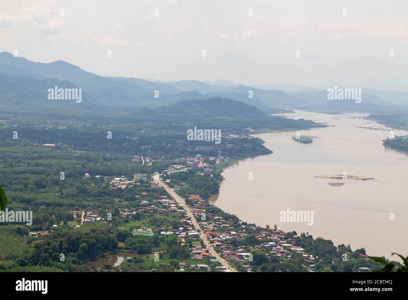 Laos area seen from above There is a Mekong River divided between Thailand and Laos. Saw a small village along the Mekong River Stock Photo