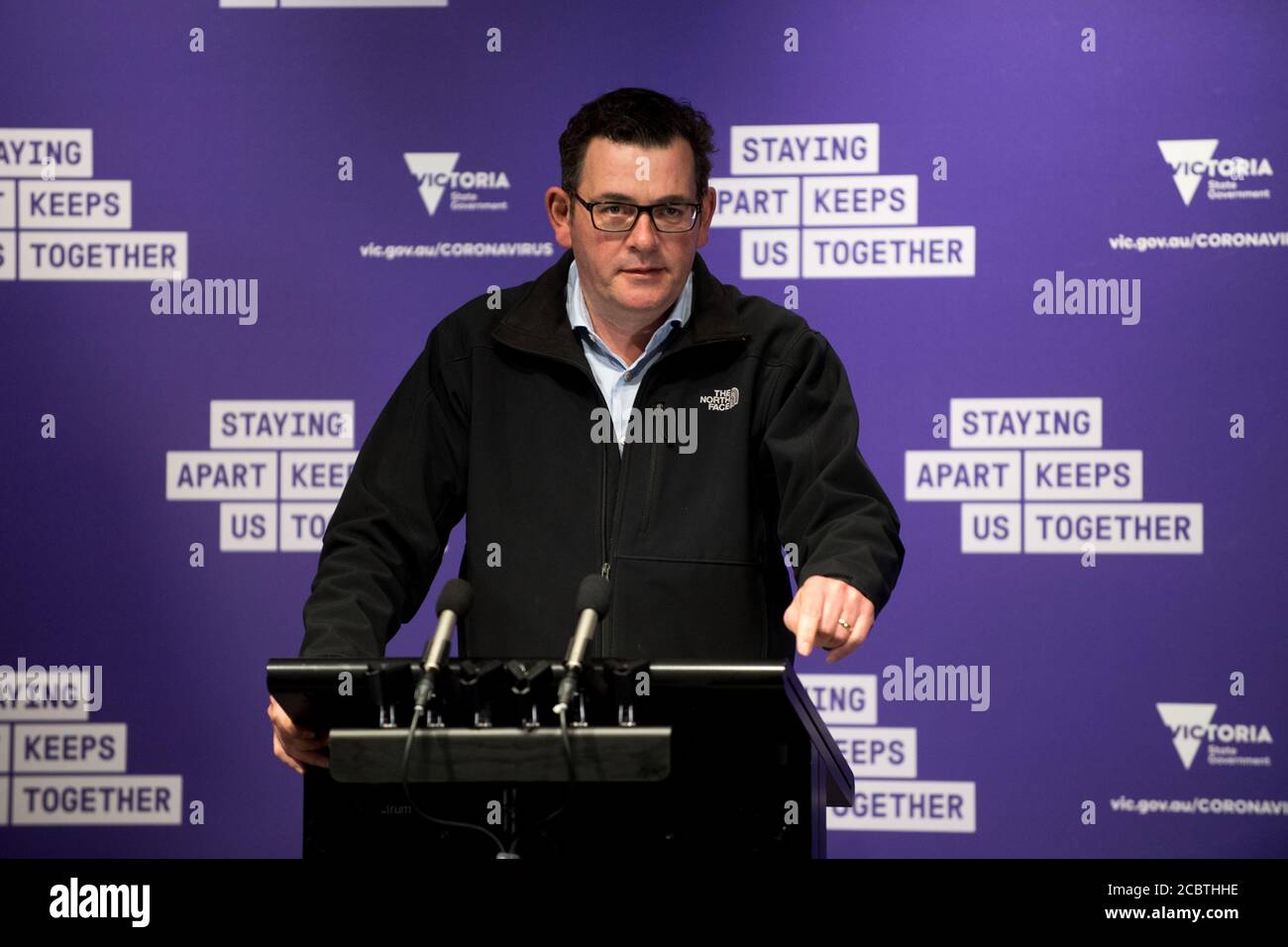 Melbourne, Australia, 15 August 2020, Victorian State Premier Daniel Andrews conducts the daily press conference where he updates media and the people of the state of Victoria on the efforts to contain the spread of the corona virus in Australia’s second most populous state. Credit: Michael Currie/Alamy Live News Stock Photo