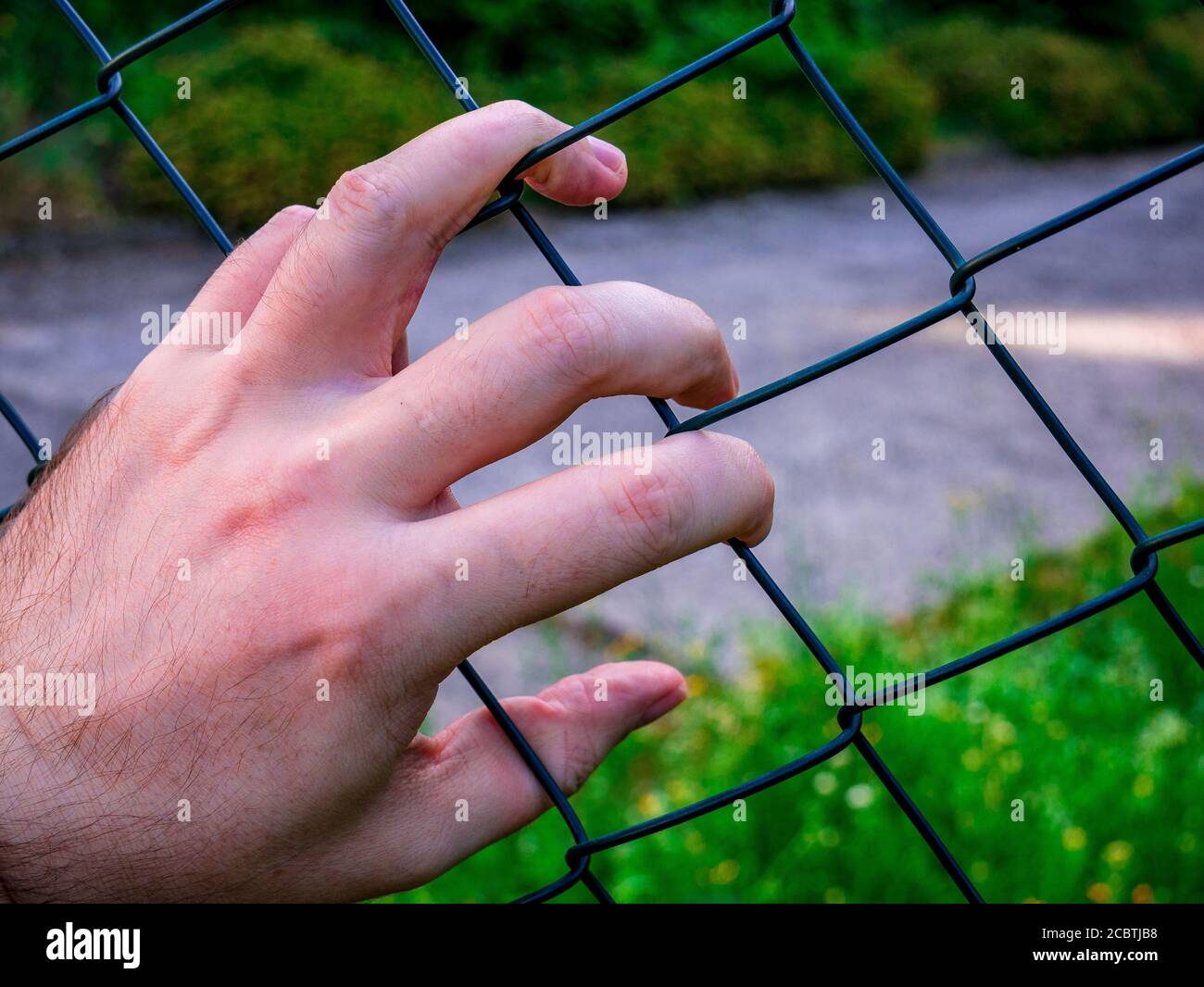 Human hand on a wire fence - refugee, prisoner, border etc. - concept Stock Photo