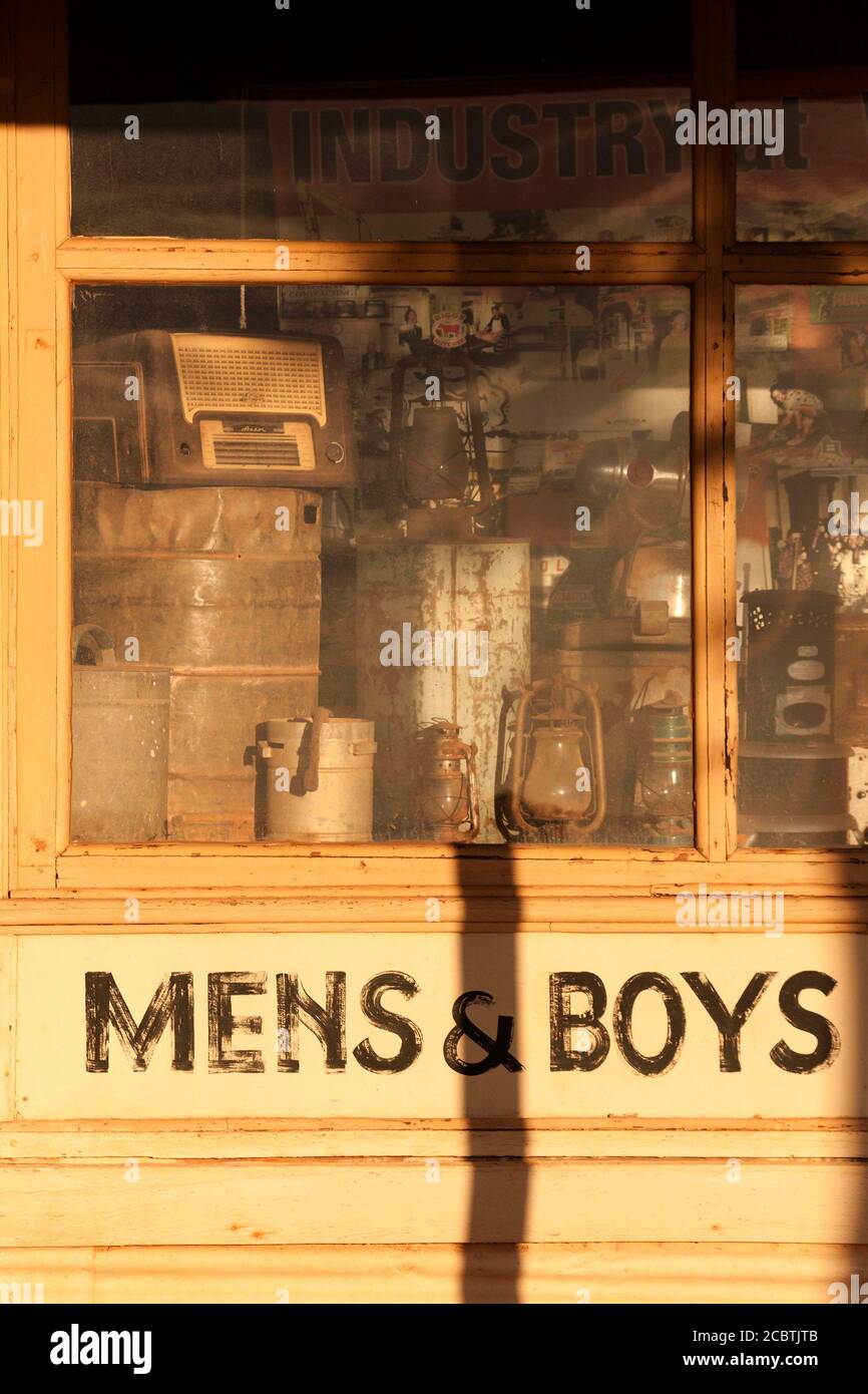 Shop window of the historical gold mining town Gwalia, Leonora, Western Australia Stock Photo