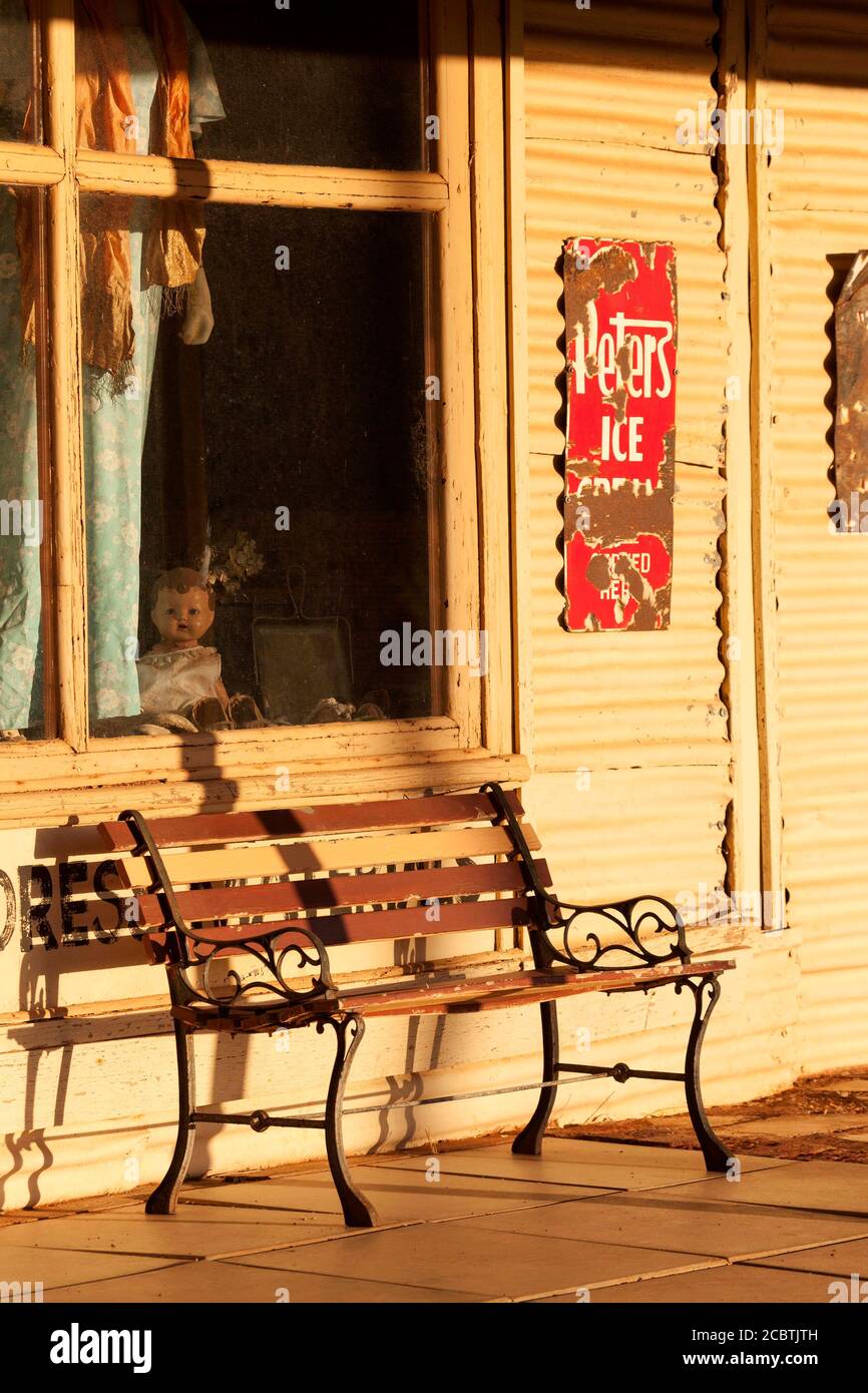Corrugated iron shop window of the historical gold mining town Gwalia, Leonora, Western Australia Stock Photo