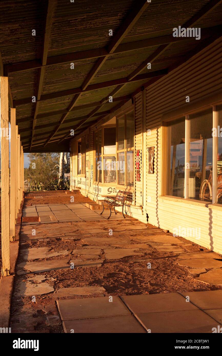 Corrugated iron shops of the historical gold mining town Gwalia, Leonora, Western Australia Stock Photo
