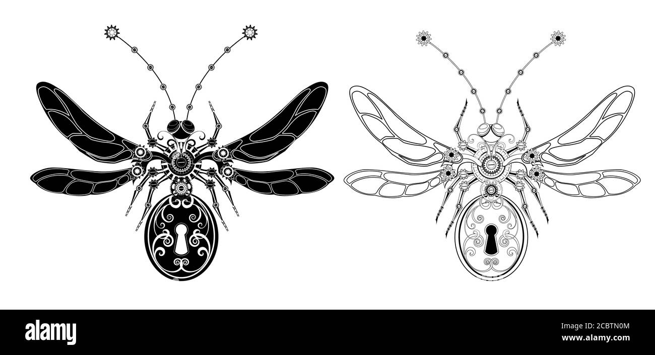 Two mechanical, monochrome, isolated, contour insects with gears and keyhole the abdomen. Steampunk style. Stock Vector