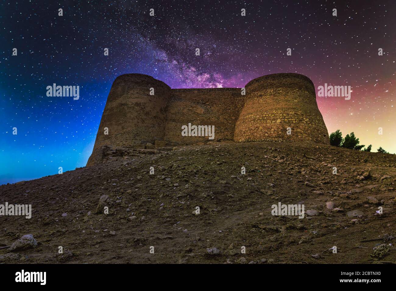 Tarut castle night milky-way star sky background. QATIF -SAUDI ARABIA. Stock Photo