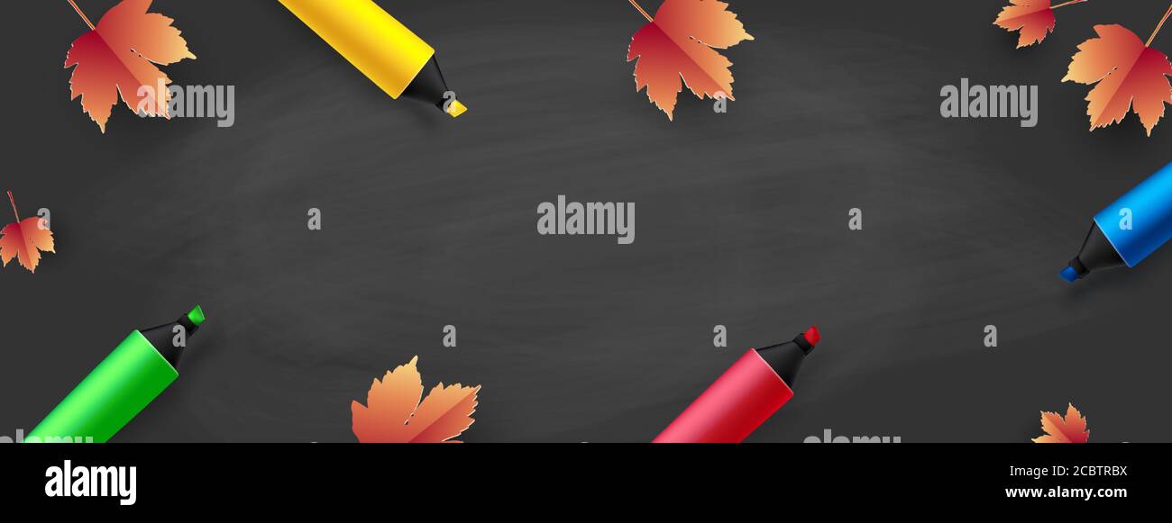 Back to School - blackboard with colored pencils and autumn leaves ...