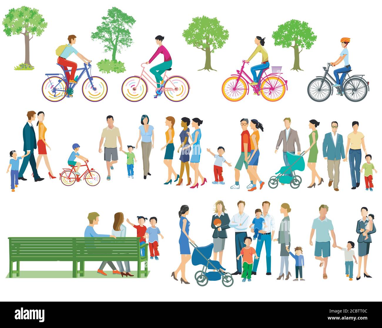 Individuals and families in leisure time, and cycling Stock Vector