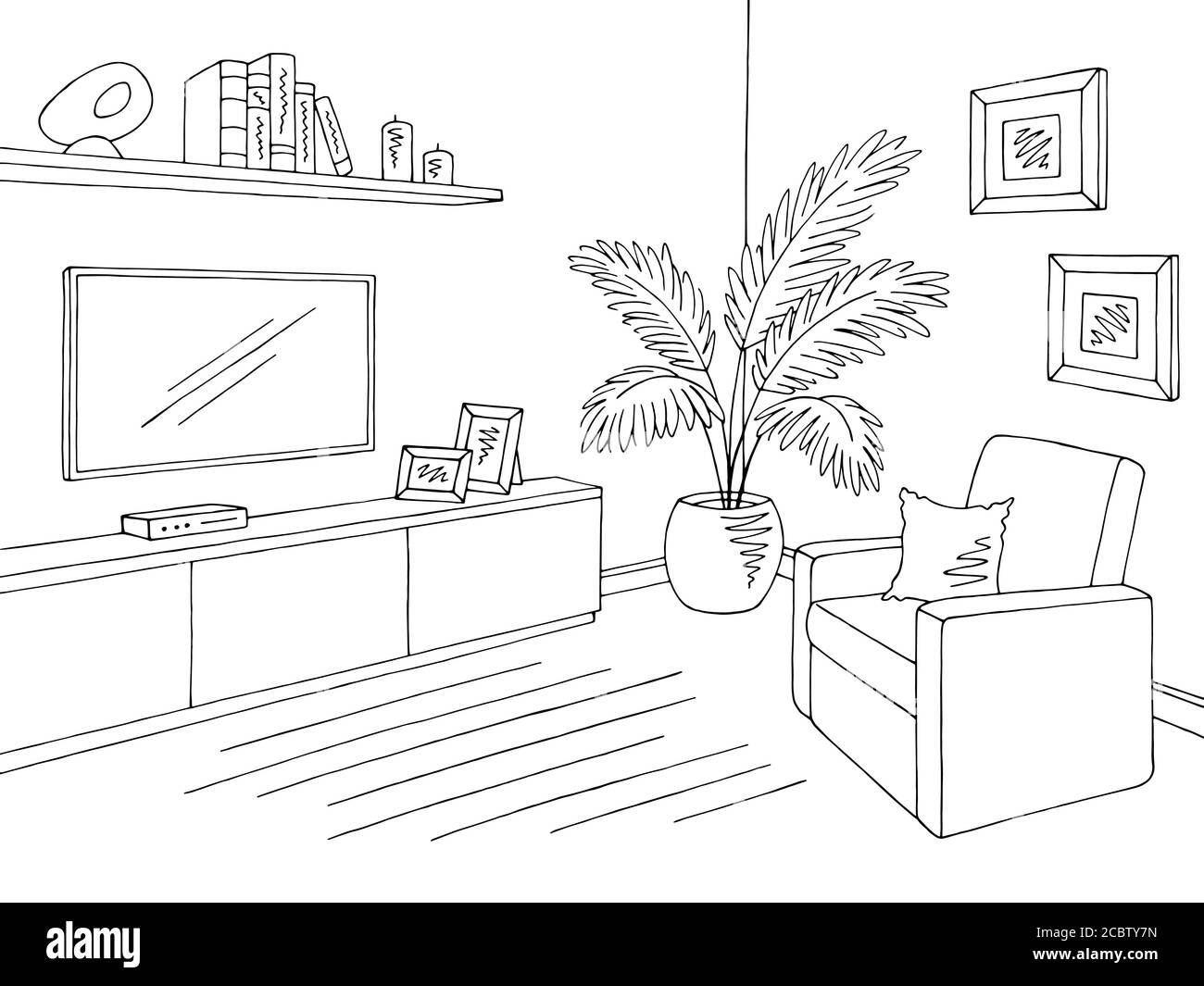 Living room graphic black white home interior sketch illustration vector Stock Vector