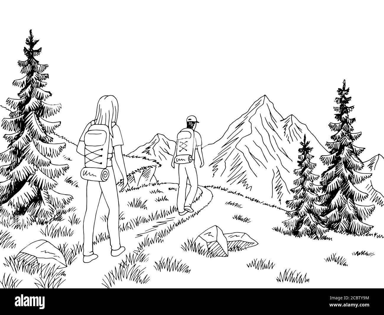 Man and woman tourist walking at the mountains graphic black white landscape sketch illustration vector Stock Vector