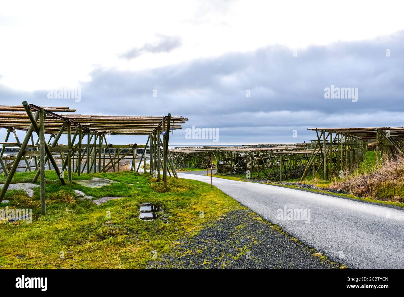 Wooden drying racks for fish at Reine Stock Photo