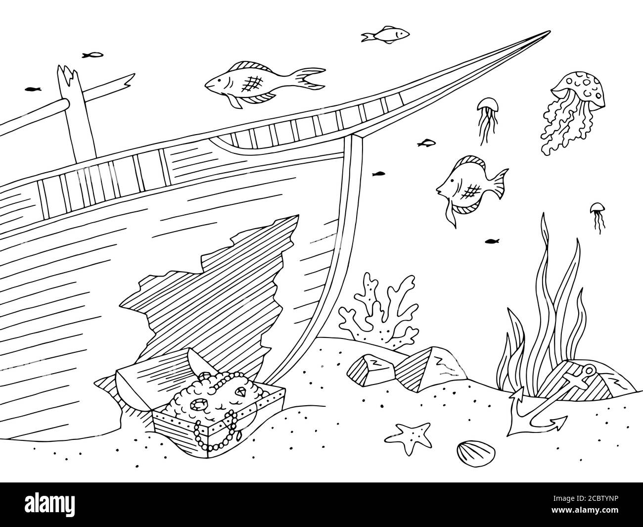 Underwater graphic sea broken ship black white sketch illustration vector Stock Vector