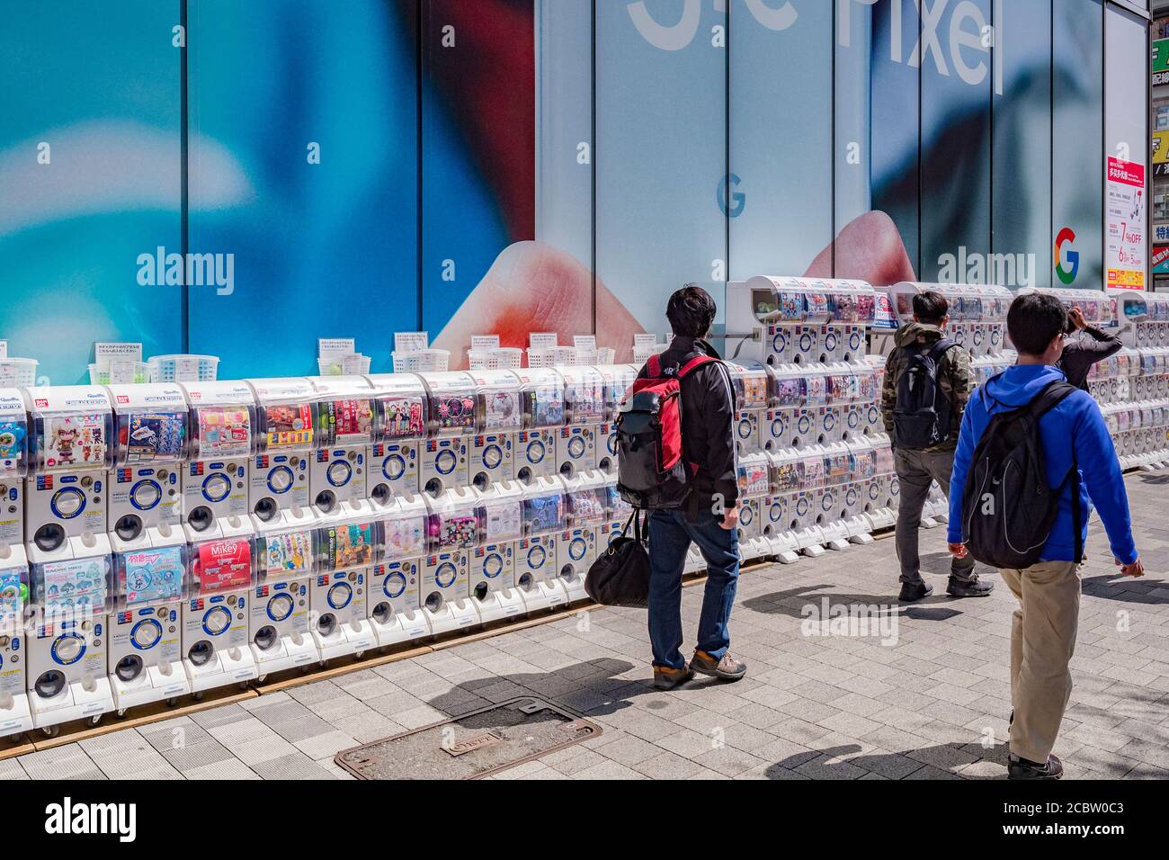 9 April 2019: Tokyo, Japan - Capsule stations, vending machines dispensing manga and anime related toys and collectibles outside a shop in the Akihaba Stock Photo