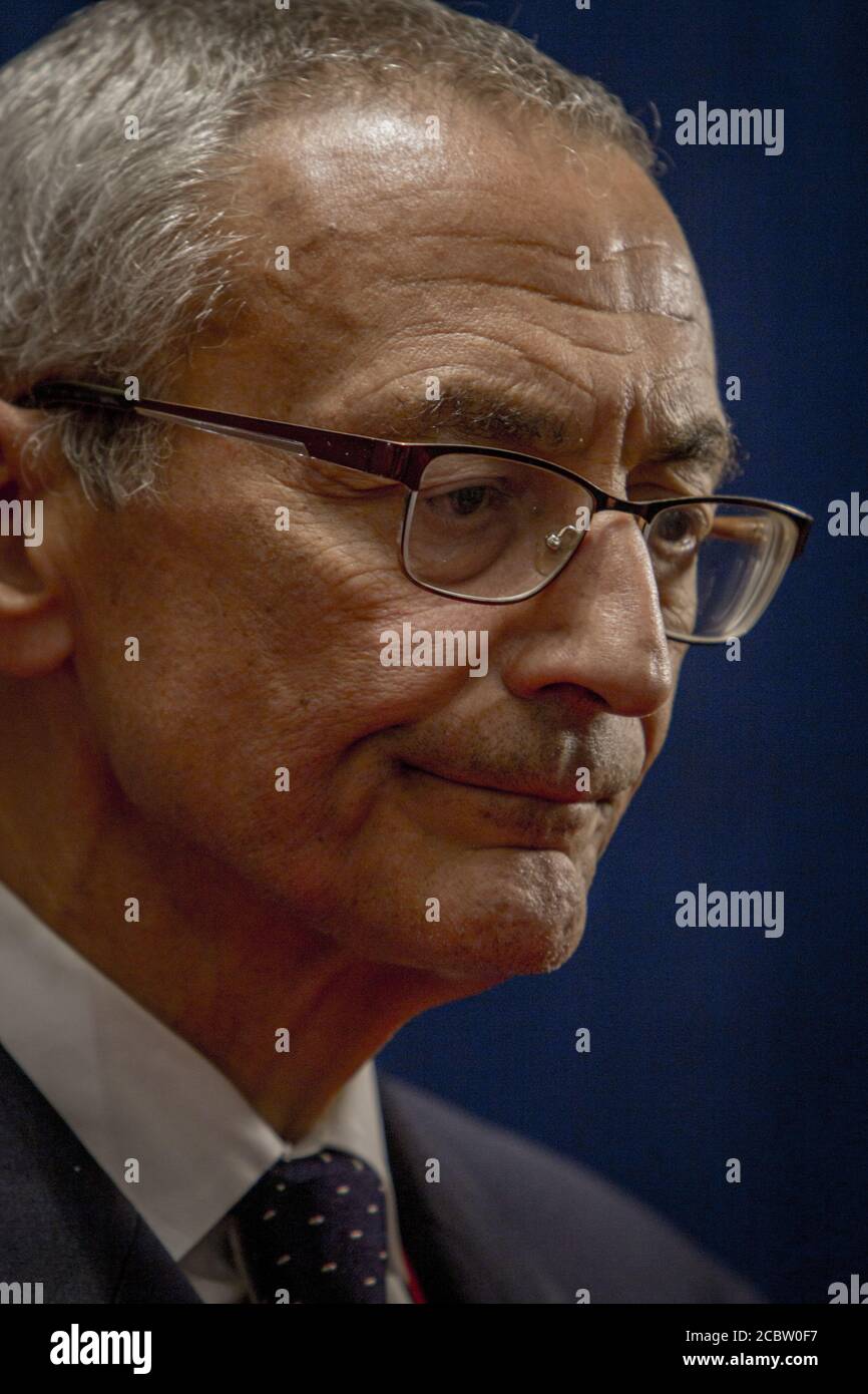 Hillary Clinton's campaign manager John Podesta in the spin room after the Presidential Debate in St. Louis between Donald J. Trump and Hillary Clinton. Stock Photo