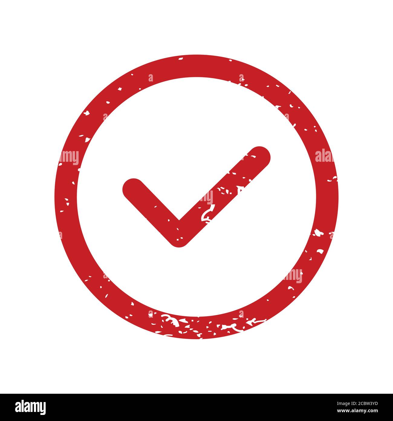 Check list button stamp. Red circle frame imprint with scratched texture. Check mark in round sign. Stock Vector