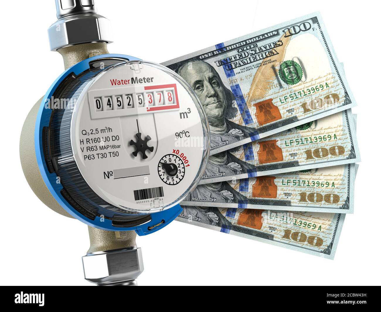 Water meter with dollar money. Water consumption, cost of utilities and