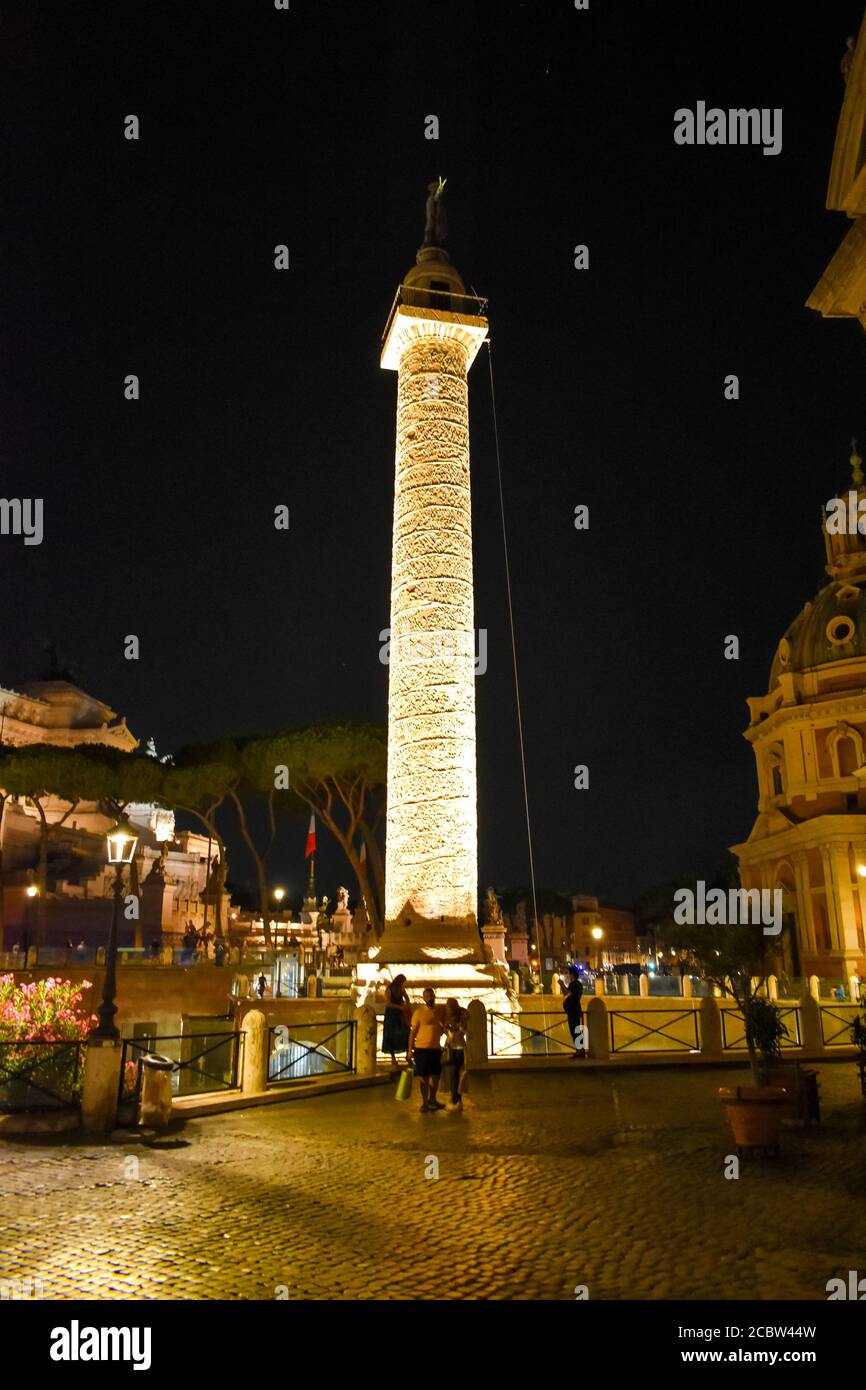 Trajan's Column at night Stock Photo