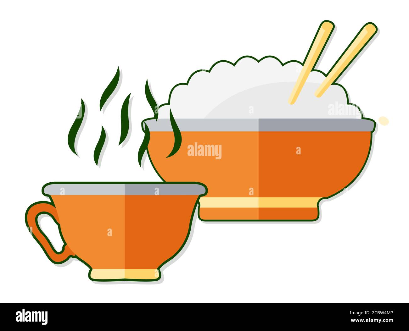 Beautiful flat illustration with cup of tea and rice on white background Stock Vector